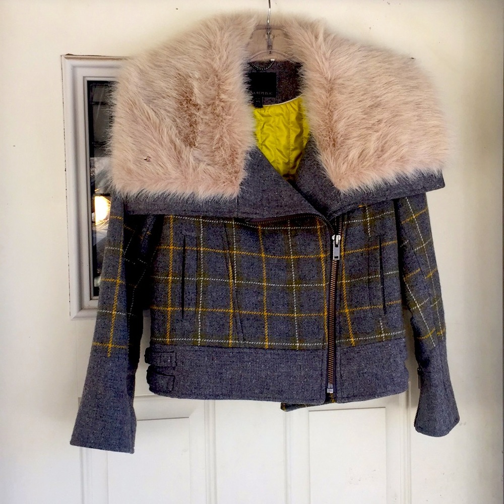 Banana republic wool plaid tweed fur petite coat